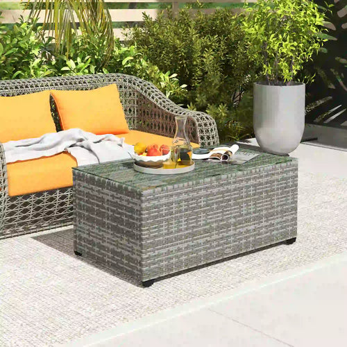 PE Wicker Outdoor Coffee Table, Rectangular Patio Table With Tempered Glass Top, Light Grey
