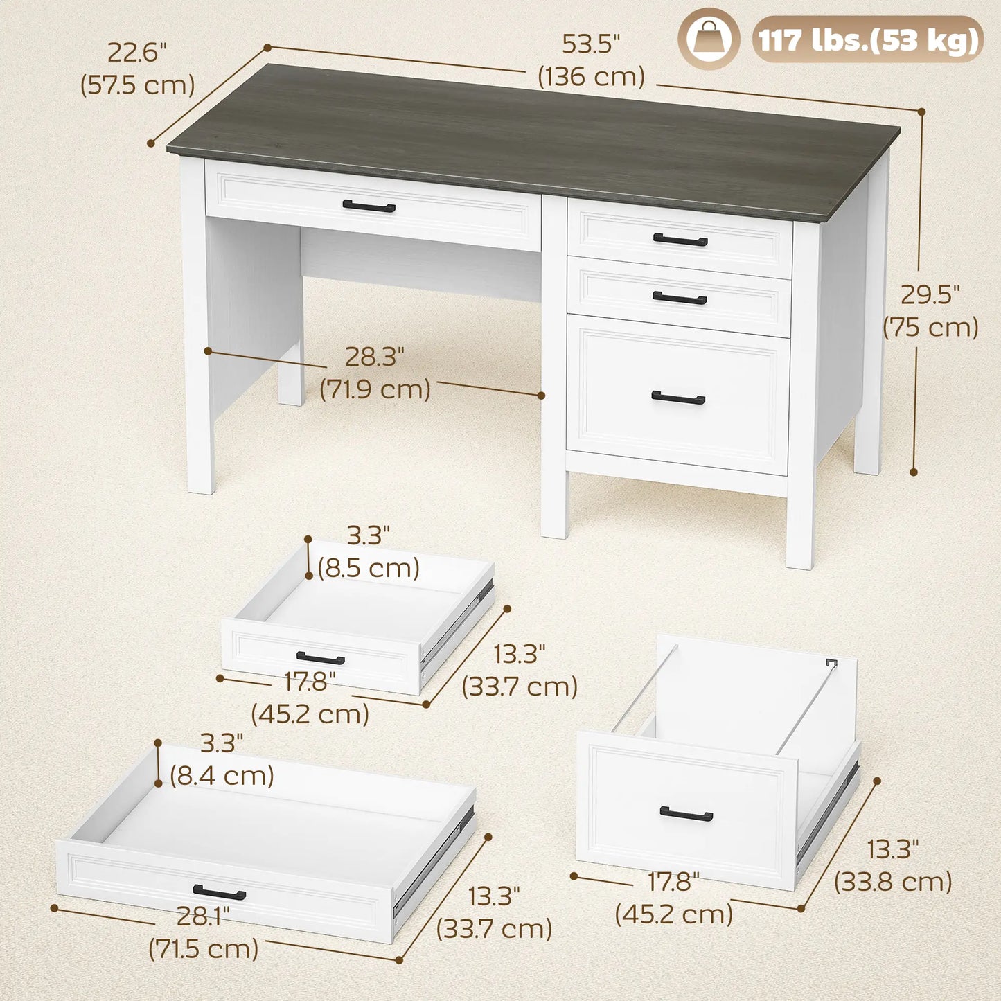 54" Farmhouse Executive Desk, Computer Desk With Drawers, White Computer Desks at Gallery Canada