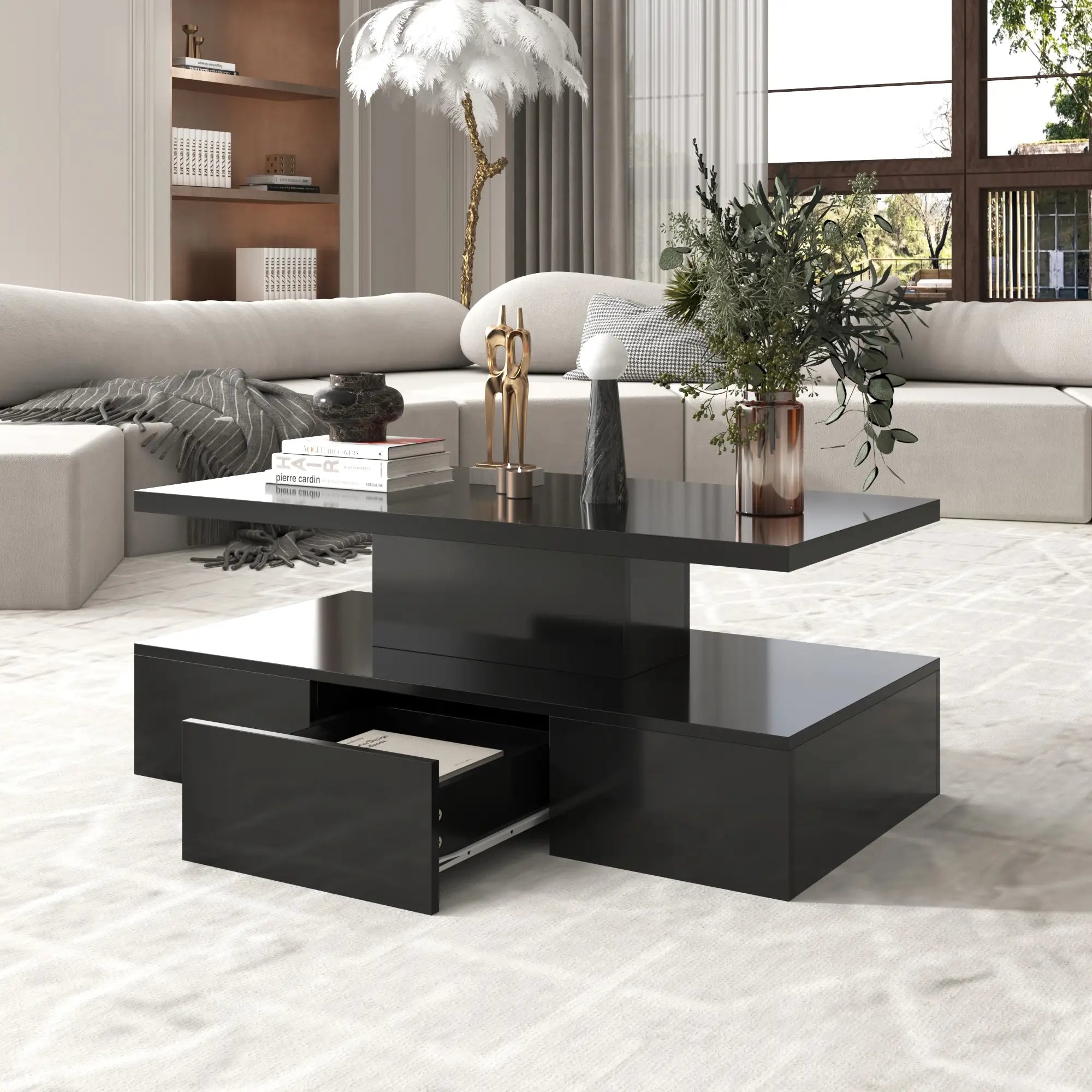 High-Gloss Coffee Table, Hidden Drawer, 39.5