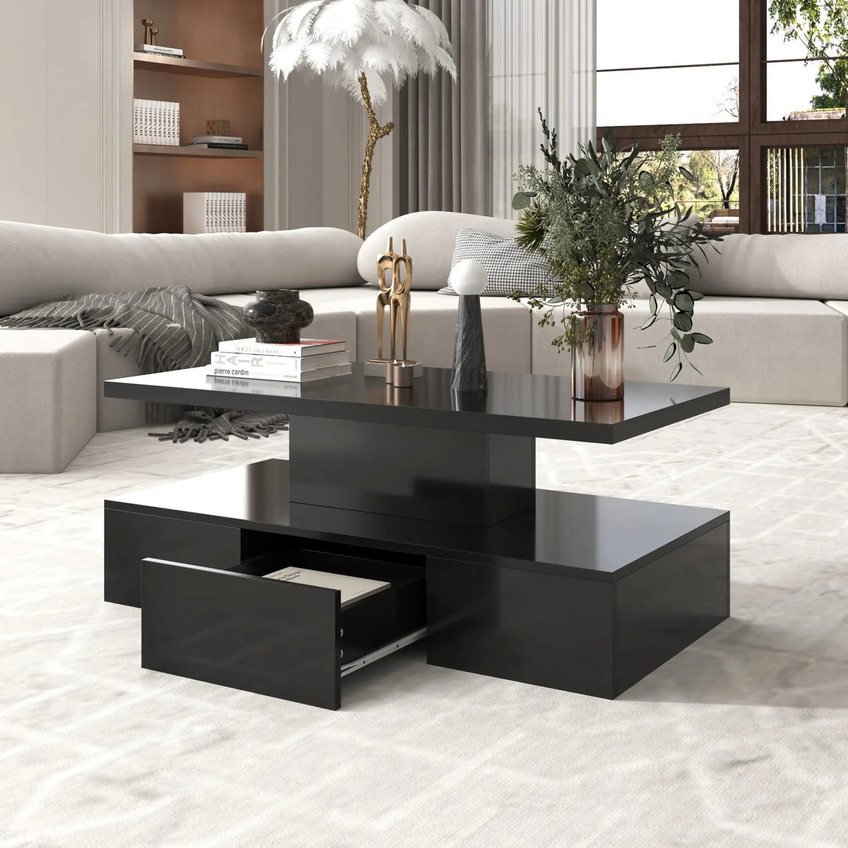 High-Gloss Coffee Table, Hidden Drawer, 39.5" L x 19.5" W x 15.5" H, Black Coffee Tables at Gallery Canada