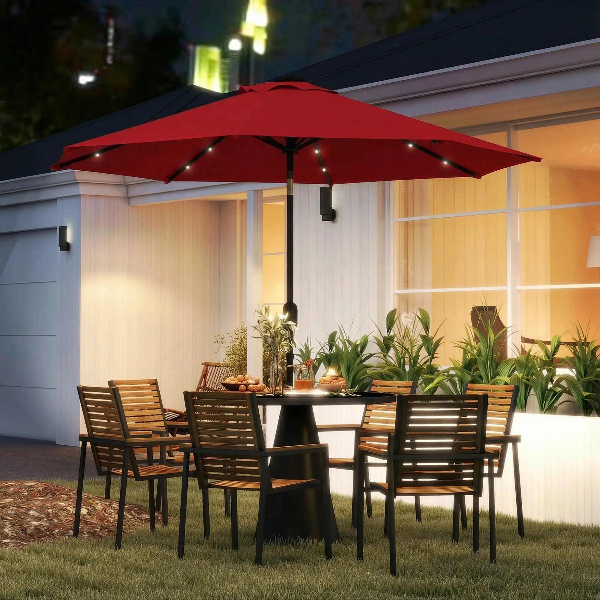 9ft Solar Patio Umbrella, 24 LED Lights, Tilt, Wine Red Sun Umbrellas at Gallery Canada