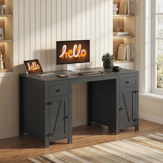 53" Farmhouse Executive Desk, Computer Desk With Drawers, Black Wood Grain, Black Writing Desks Black Wood Grain at Gallery Canada