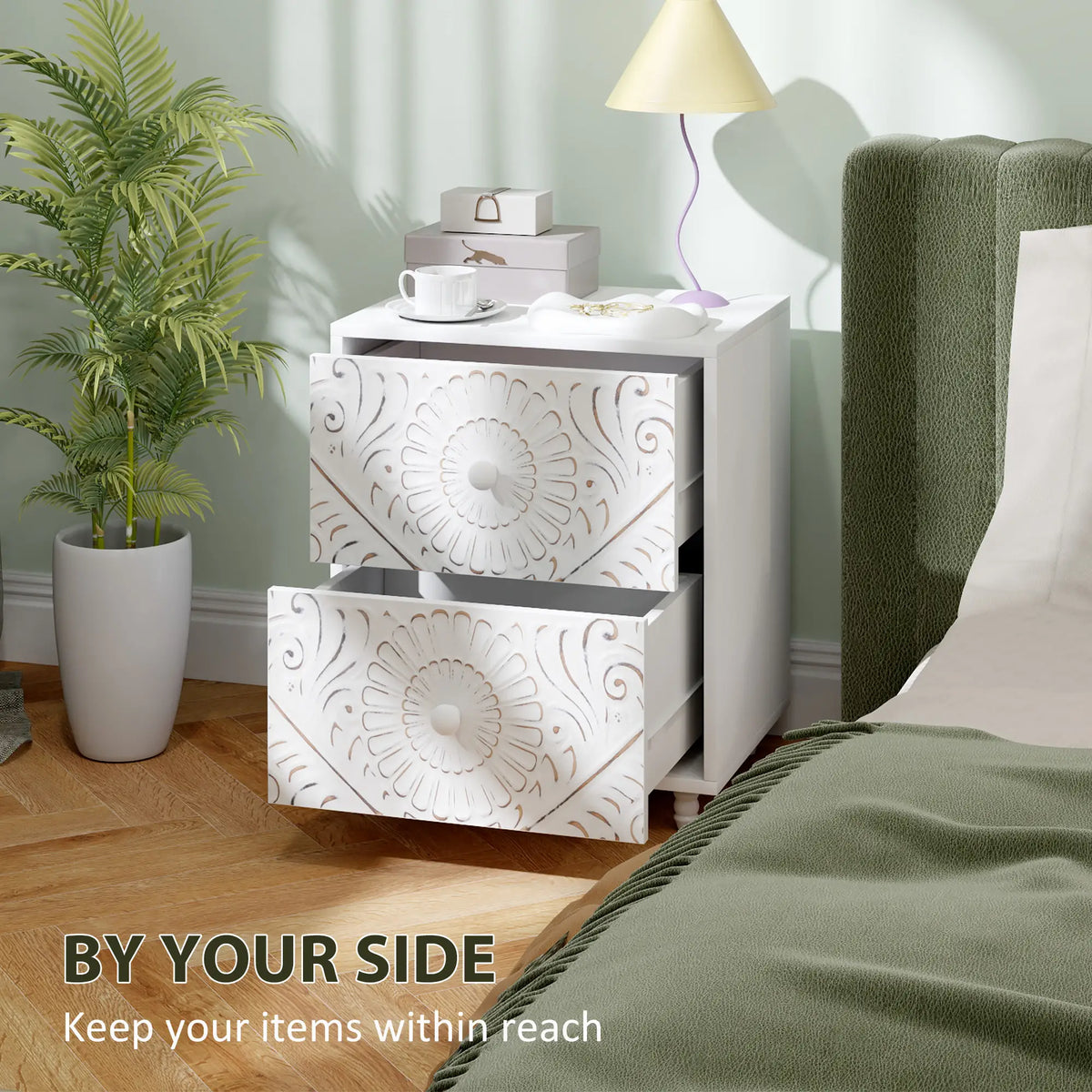 Mid-Century Bedside Table, Nightstand with 2 Drawers, White Bedside Tables at Gallery Canada