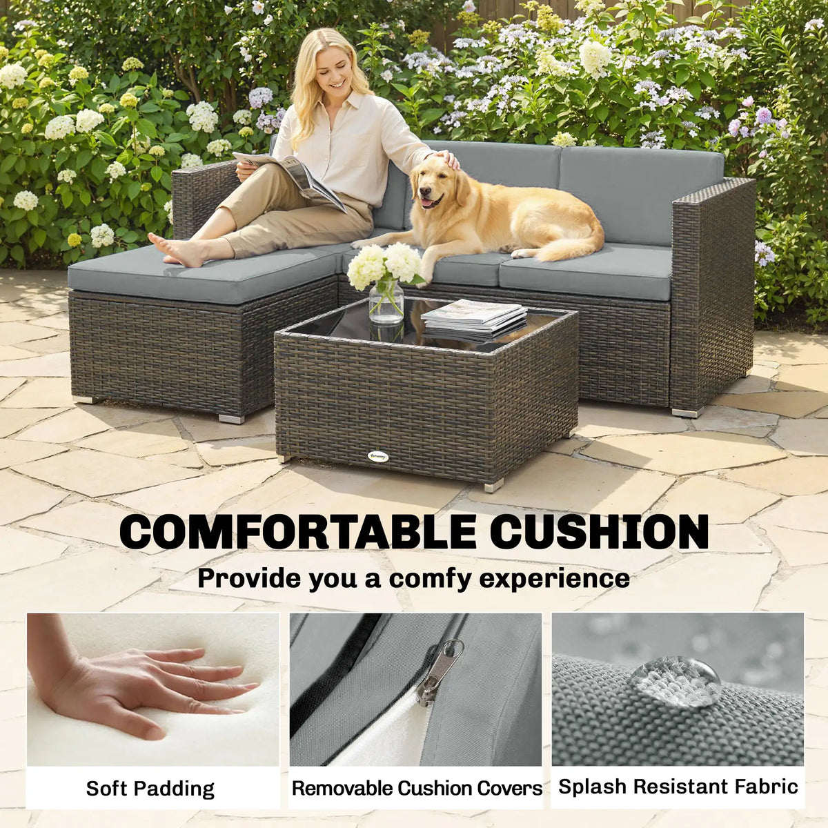 3-Piece Patio Furniture Set With Cushions, Outdoor Rattan Sofa With Glass Table