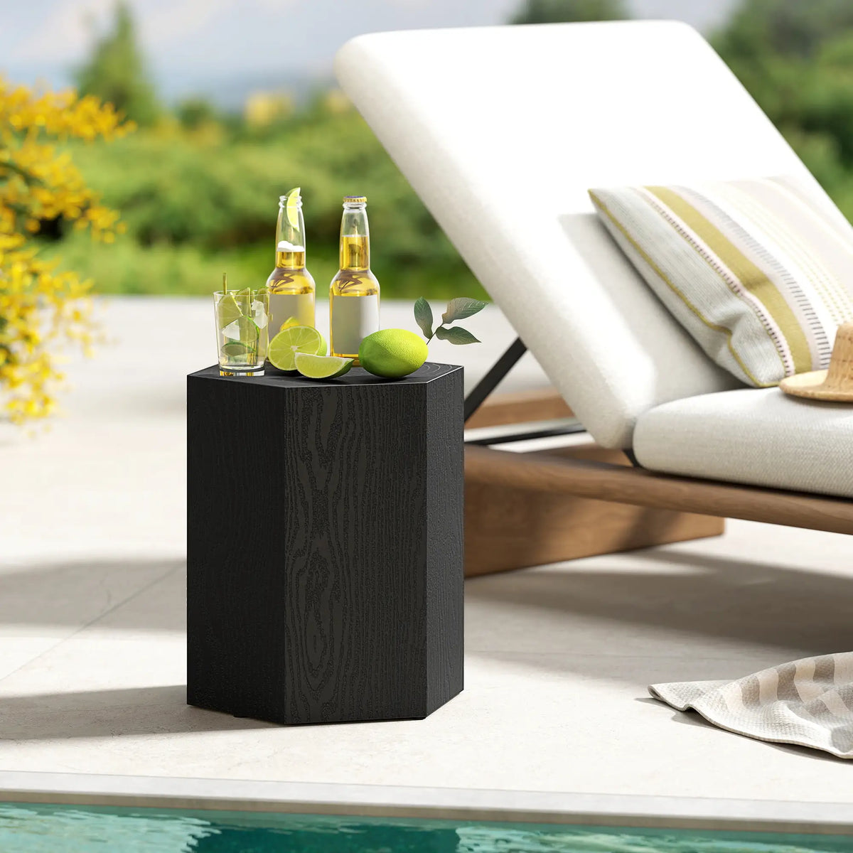 Hexagonal Side Table, Small with 4 Adjustable Feet, Indoor Outdoor, Black Side Tables at Gallery Canada