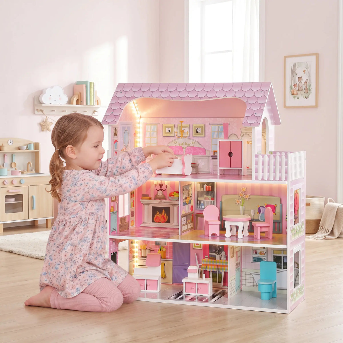 3-Story Dollhouse, LED, 6 Rooms, 8 PCS Accessories Play Houses at Gallery Canada