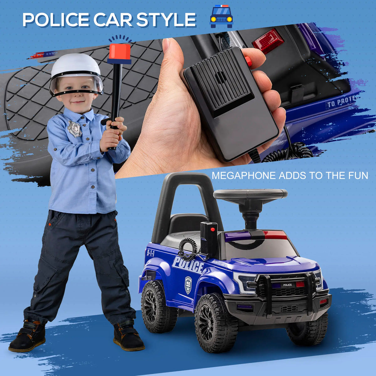 Kids Ride On Police Car, Hidden Storage, Anti Dumping, Blue Push Cars for Toddlers at Gallery Canada