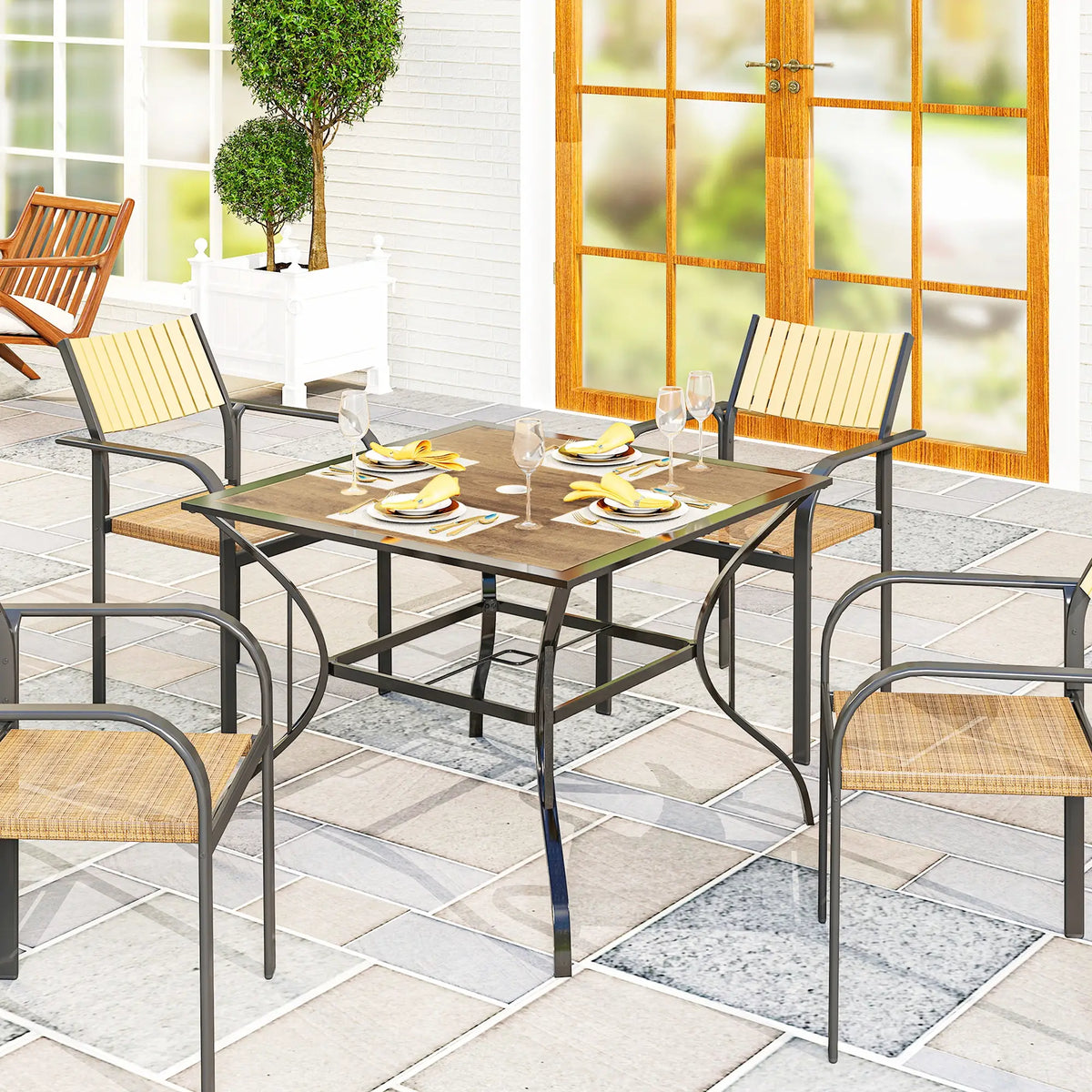 37" Garden Dining Table For 4, Square Patio Table With Umbrella Hole, Brown Patio Side Tables at Gallery Canada