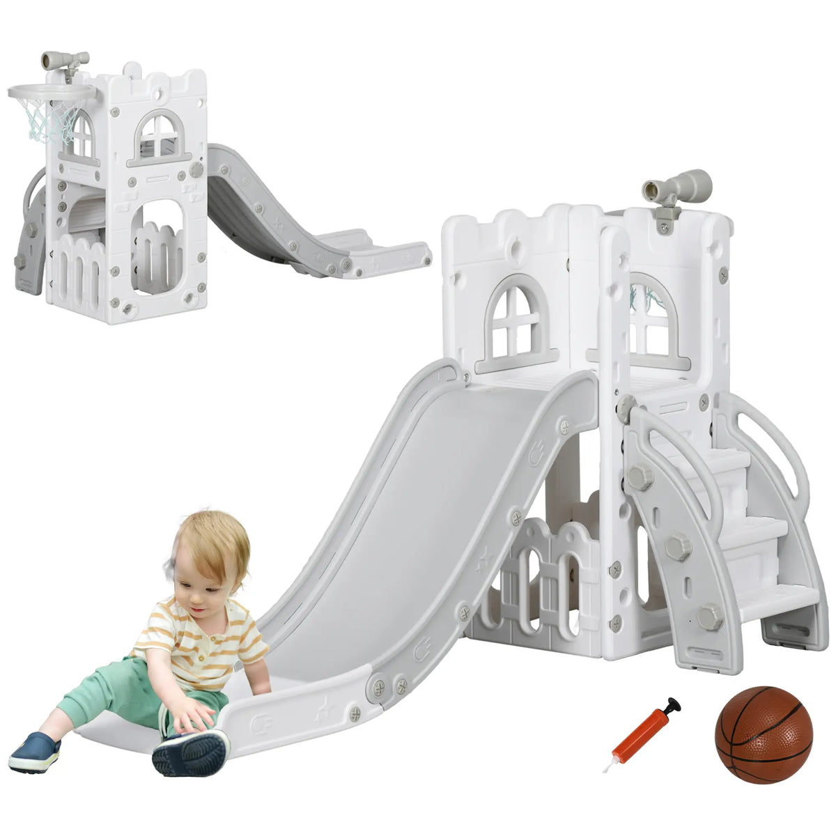 Toddler Slide, Basketball Hoop, Climber, Telescope, Storage Basket, 1-3 Years, Grey Gym Sets & Swings at Gallery Canada