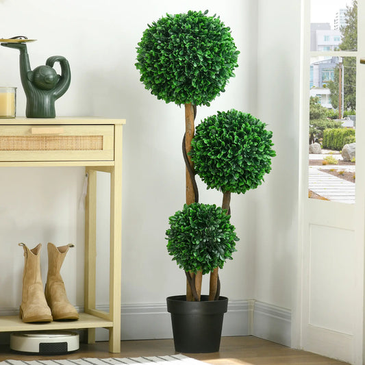 3.6ft Artificial Tree, Triple Ball Boxwood Topiary, Indoor Outdoor Artificial Trees Green, Black at Gallery Canada