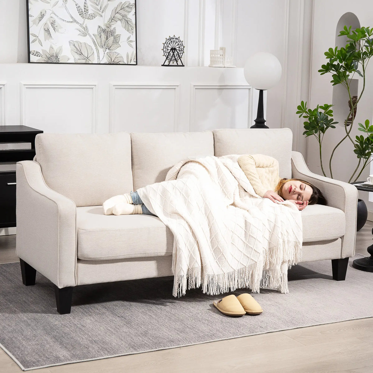 3 Seater Sofa, Modern Linen Couch, Pocket Spring, Thick Padded, Beige 3-Seater Sofas at Gallery Canada