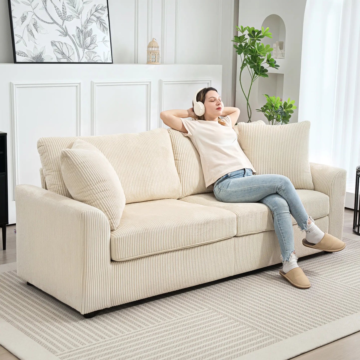 3 Seater Sofa, 83.5" Upholstered Couch, Pocket Spring, Cream White 3-Seater Sofas at Gallery Canada