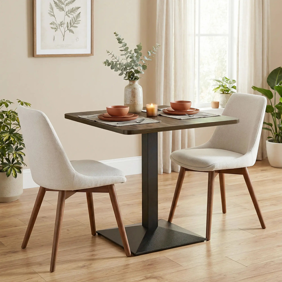28" Square Dining Table, Walnut, Modern Steel Base, Space Saving Kitchen Table Dining Tables at Gallery Canada