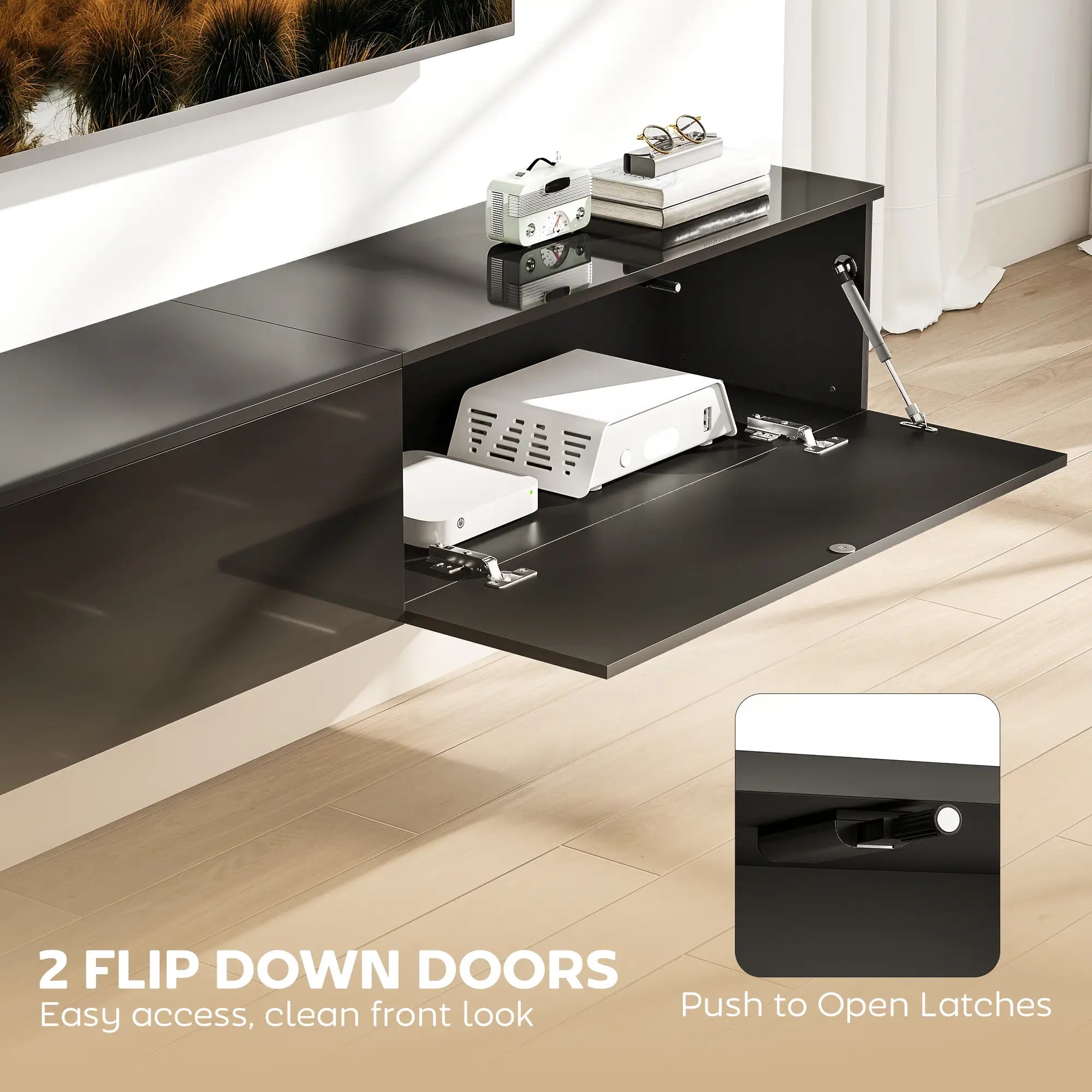 Floating TV Stand For 75 Inch TVs, 70.9 Inch Cabinet, High Gloss, Black TV Stands at Gallery Canada