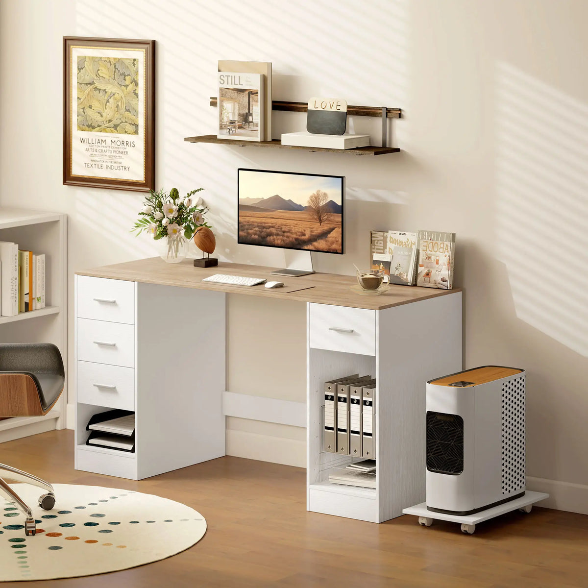 55 Inch Office Desk, White Wood Grain, 4 Reversible Drawers, Adjustable Shelf, White Computer Desks at Gallery Canada