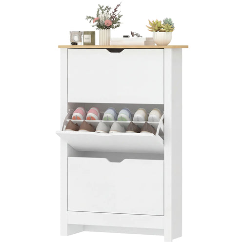 Shoe Storage Cabinet, 3 Flip Drawers, Adjustable Shelves, 9-18 Pairs, White