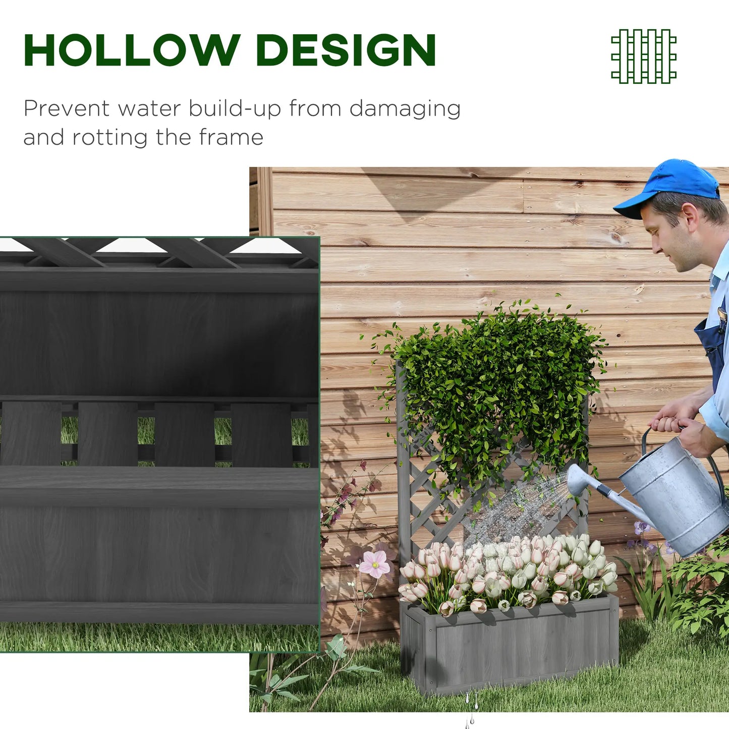Wood Planter With Trellis, Raised Garden Bed, 28" x 11" x 46", Grey Wooden Planter Boxes at Gallery Canada