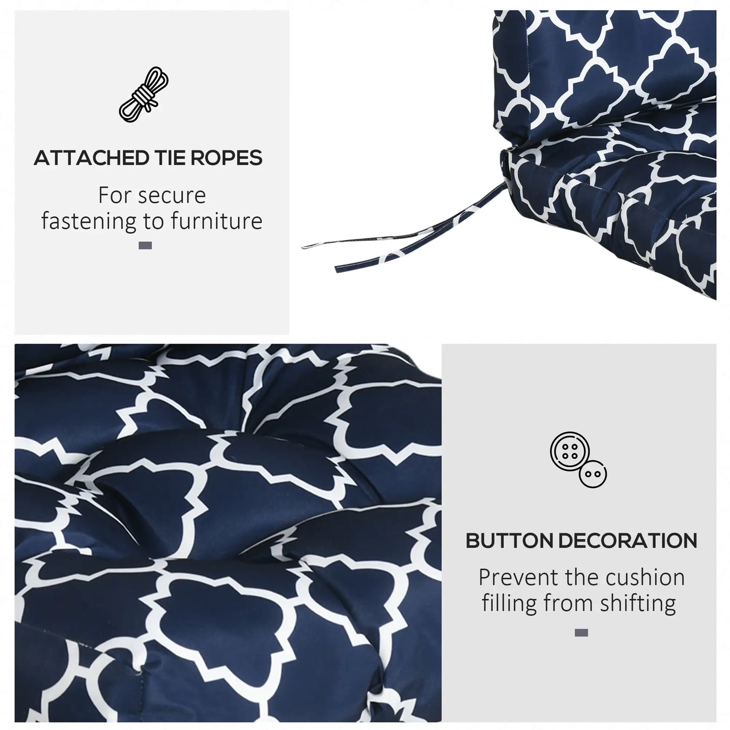 Outdoor Chair Cushion, Tufted Pillow with String Ties, 44" x 42" x 4", Blue Patio Chair Cushions at Gallery Canada