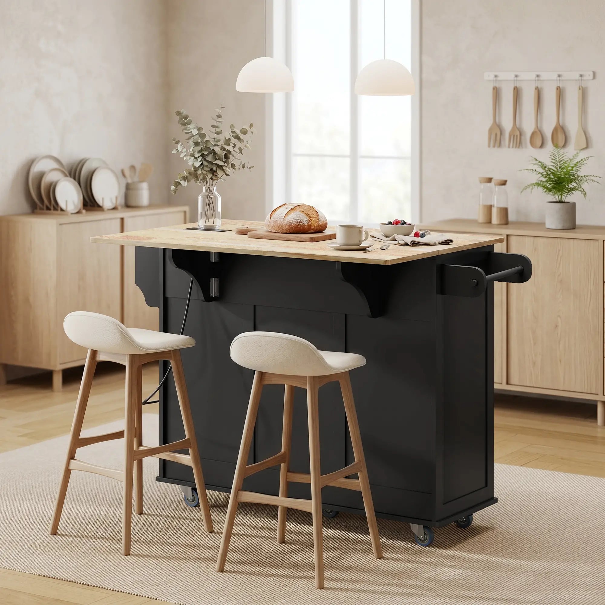 Kitchen Island On Wheels With Drop Leaf, Charging Station, Black Kitchen Islands & Kitchen Carts at Gallery Canada