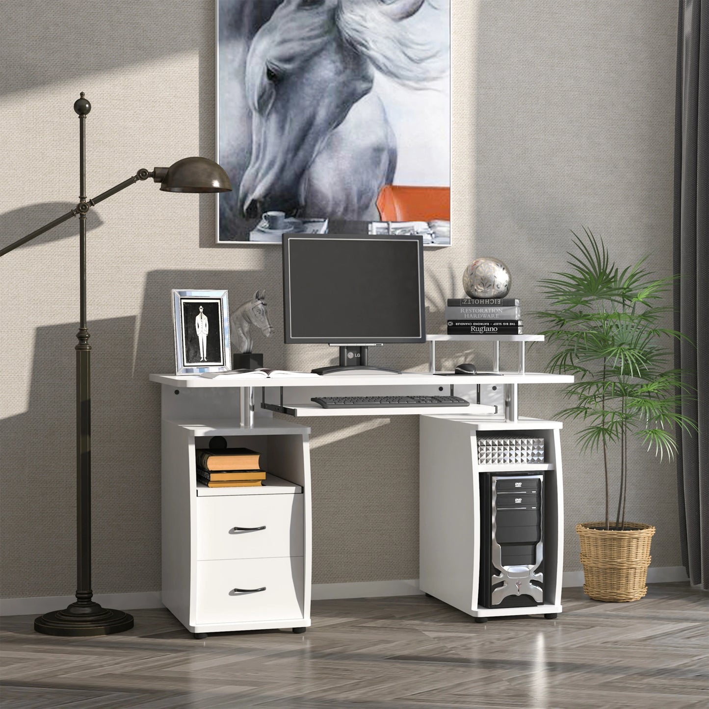 Computer Desk with Keyboard Tray, Drawers, CPU Stand, White Computer Desks at Gallery Canada