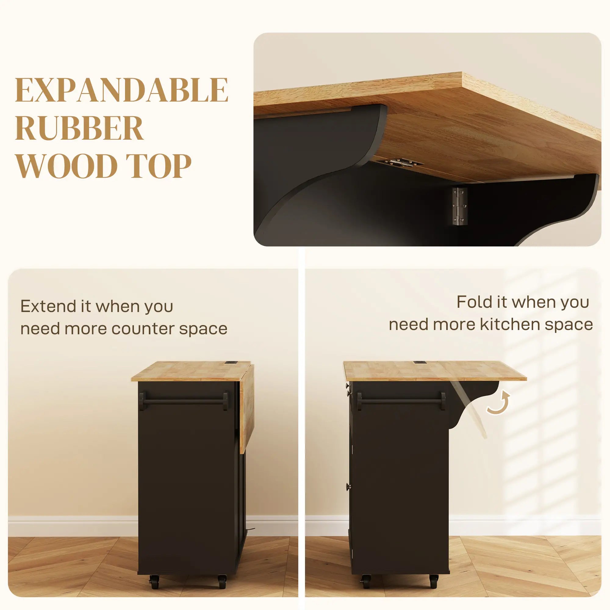 Kitchen Island with Power Outlet, Drop Leaf, 2 Drawers, Black Kitchen Islands & Kitchen Carts at Gallery Canada