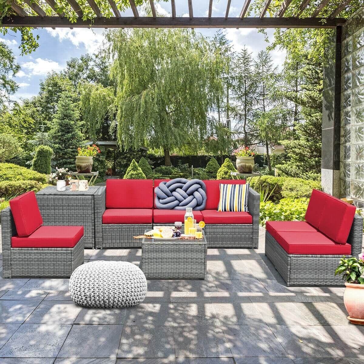 8 Piece Wicker Rattan Sofa Dining Set, Patio Furniture With Storage Table, Red Outdoor Sectionals at Gallery Canada