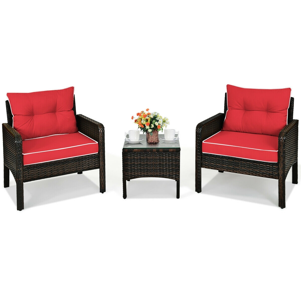 3 Pcs Outdoor Rattan Conversation Set, With Seat Cushions, Red Patio Conversation Sets Red at Gallery Canada