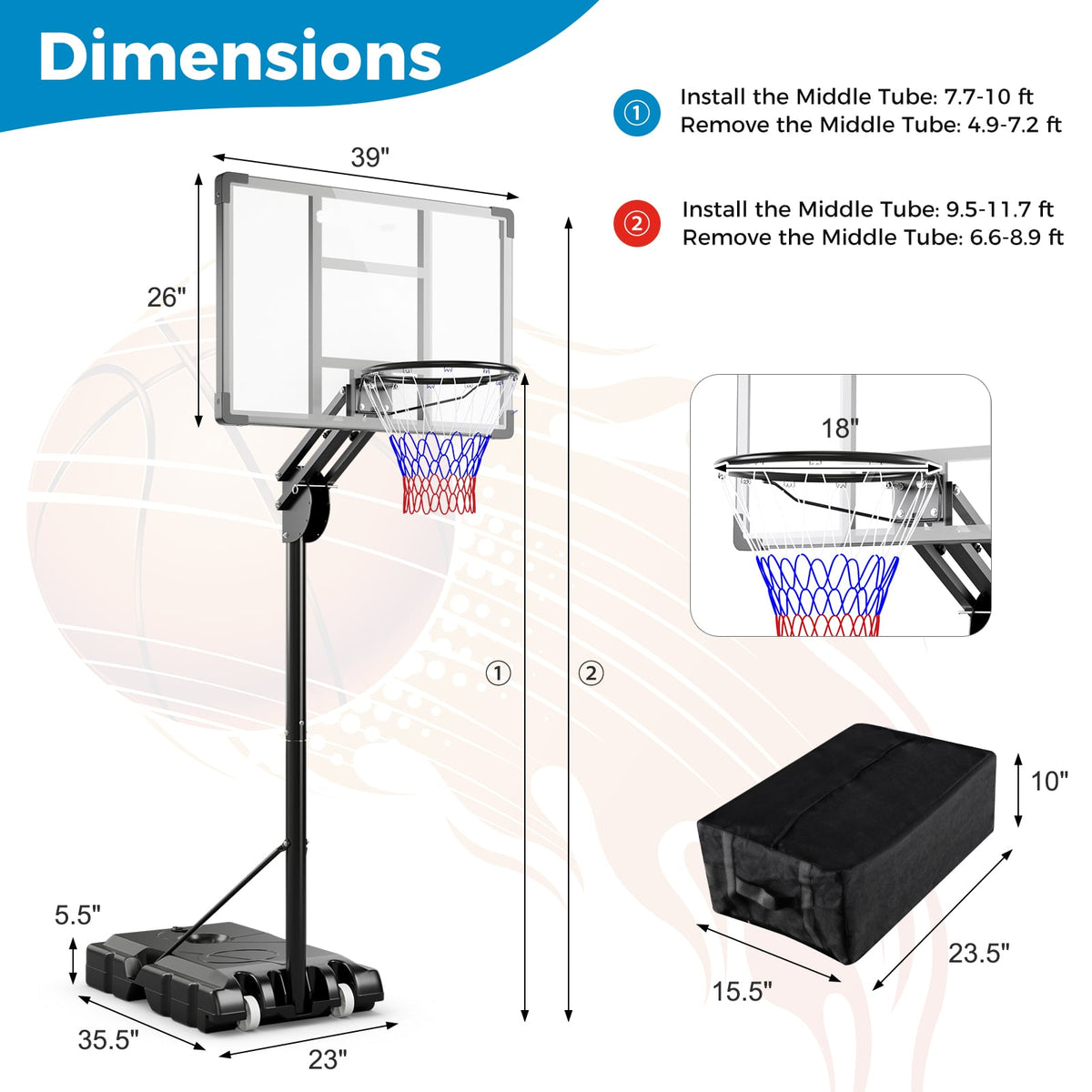Adjustable Basketball Hoop, 4.9-10 Feet, Shatterproof Backboard Sport Equipments at Gallery Canada