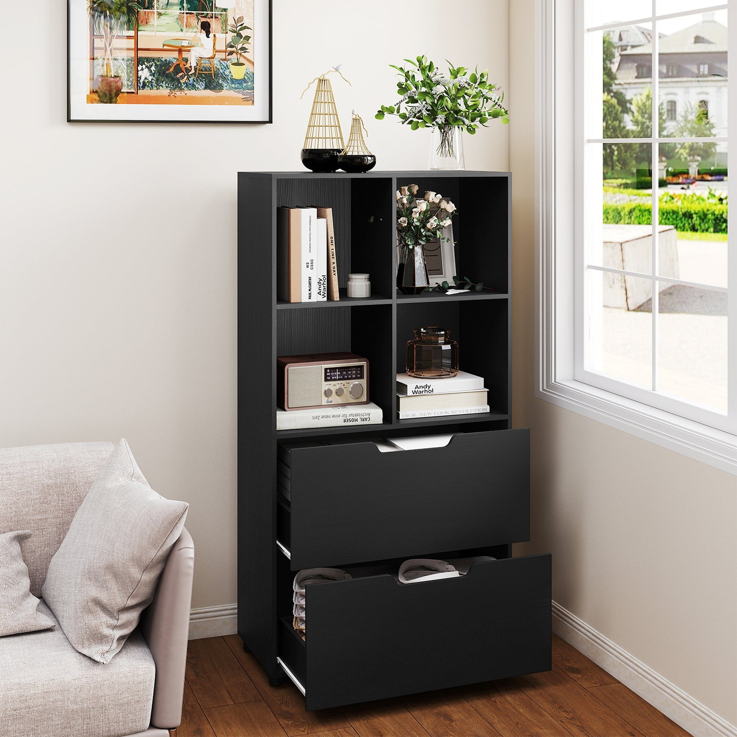 4-Cube Bookcase With 2 Drawers, 51 Inch, Black Bookcases at Gallery Canada