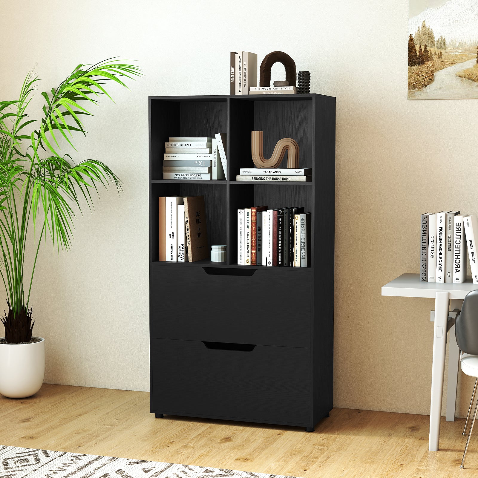 4-Cube Bookcase With 2 Drawers, 51 Inch, Black Bookcases at Gallery Canada