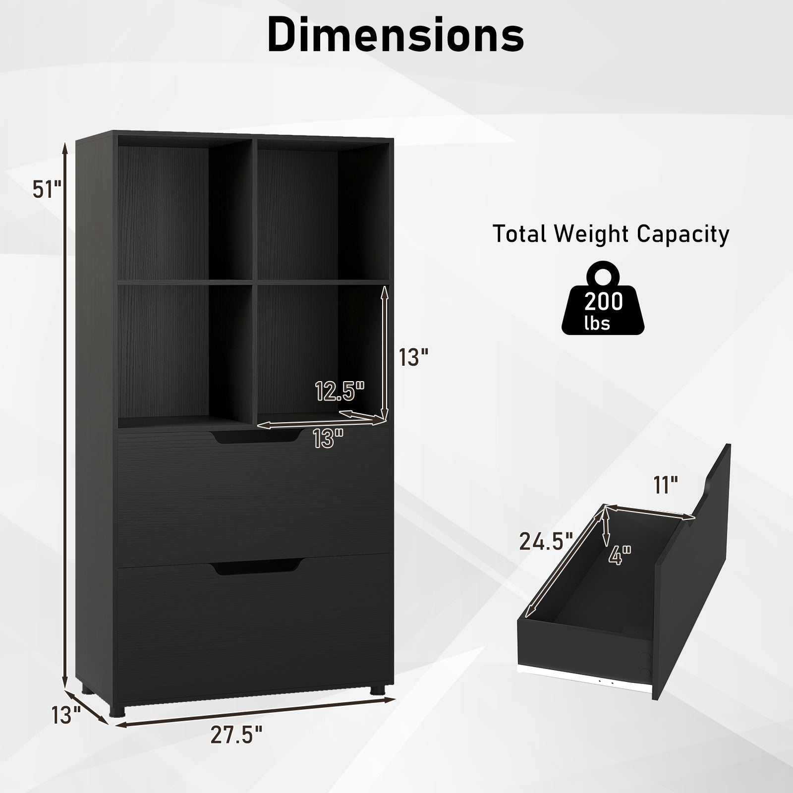4-Cube Bookcase With 2 Drawers, 51 Inch, Black Bookcases at Gallery Canada
