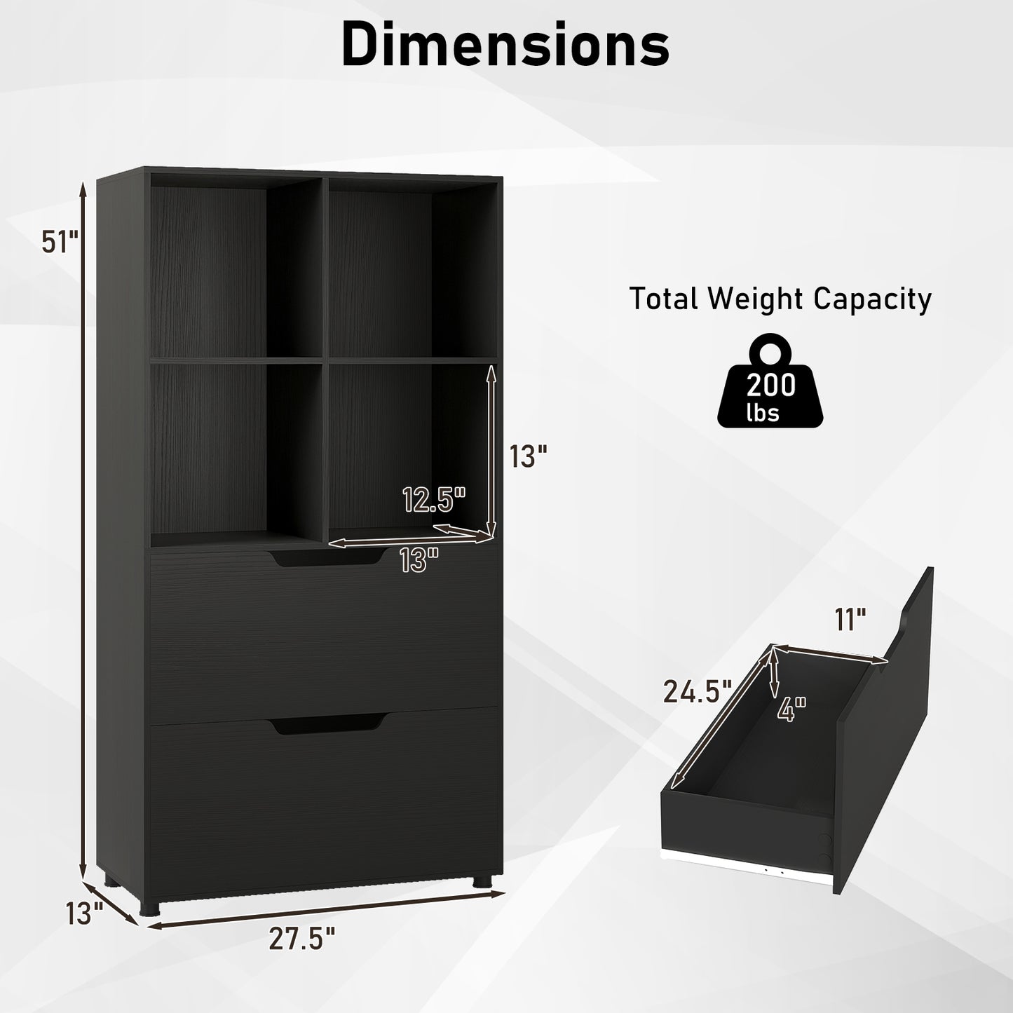 4-Cube Bookcase With 2 Drawers, 51 Inch, Black Bookcases at Gallery Canada