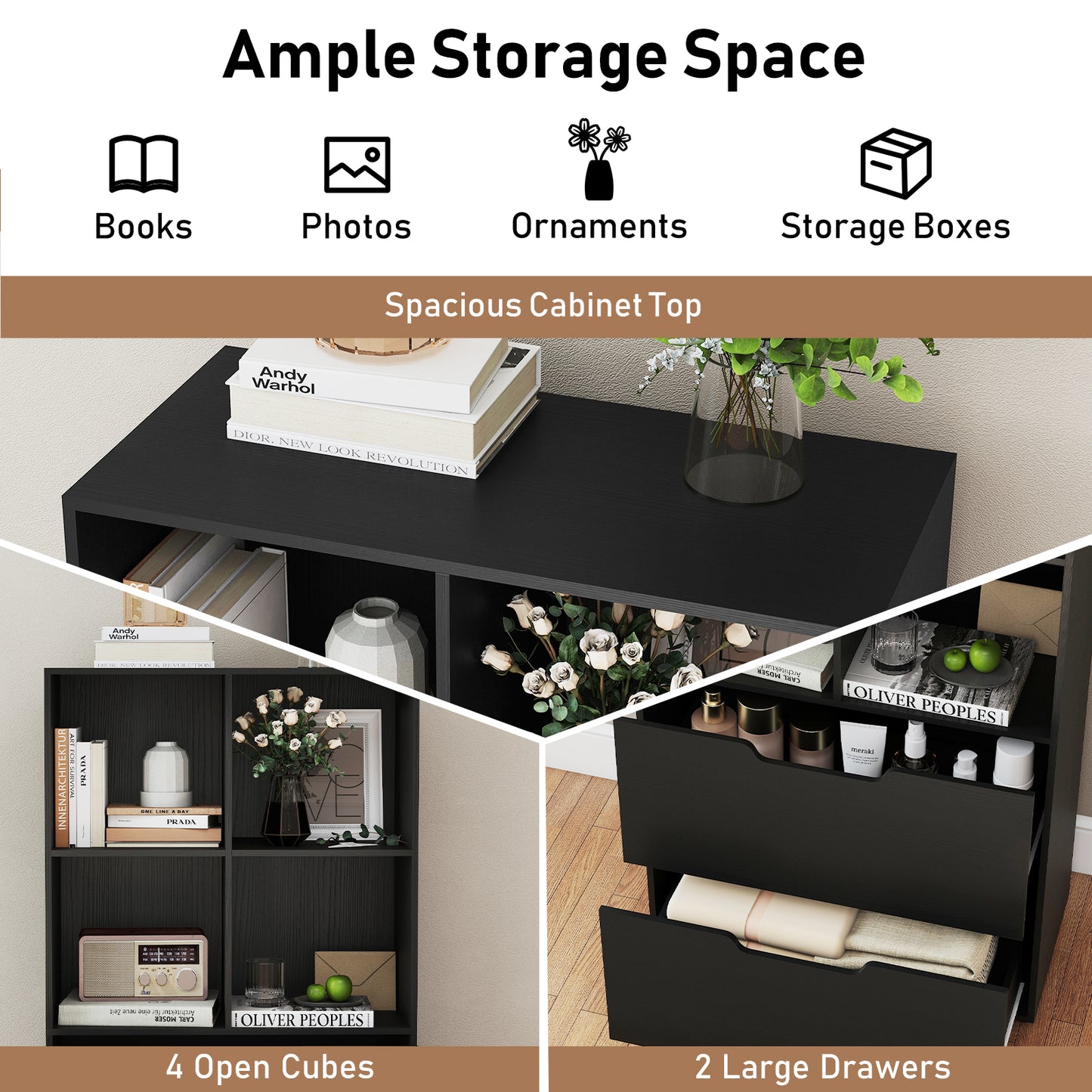 4-Cube Bookcase With 2 Drawers, 51 Inch, Black Bookcases at Gallery Canada