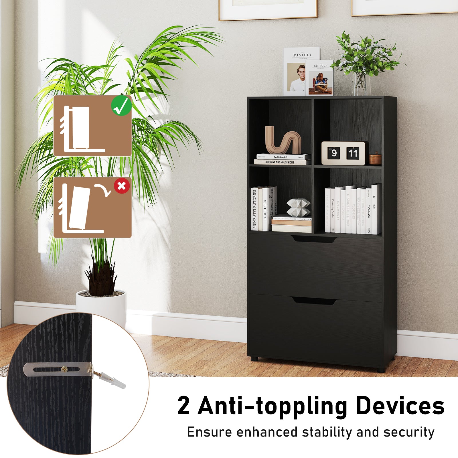 4-Cube Bookcase With 2 Drawers, 51 Inch, Black Bookcases at Gallery Canada