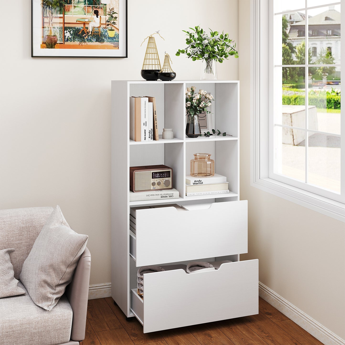 4-Cube Bookcase With 2 Drawers, 51 Inch, 5-Tier Bookshelf, White Bookcases at Gallery Canada