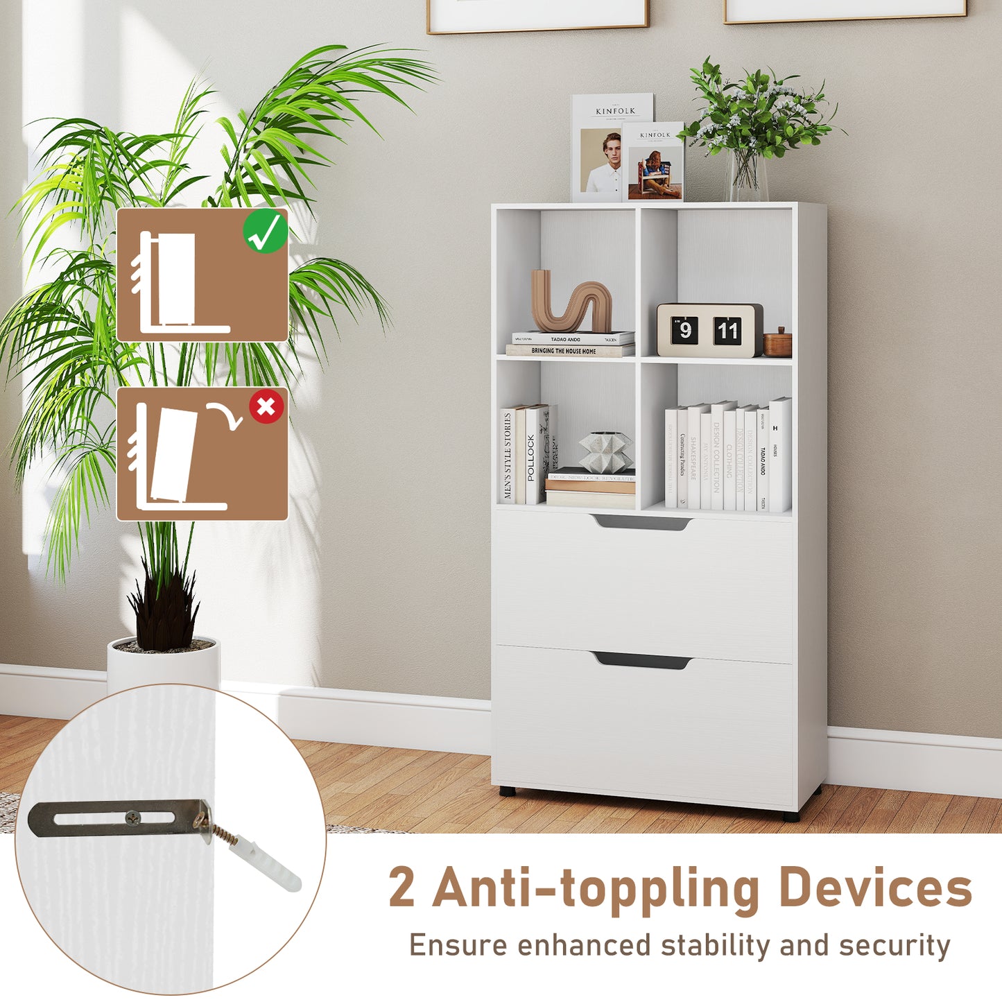 4-Cube Bookcase With 2 Drawers, 51 Inch, 5-Tier Bookshelf, White Bookcases at Gallery Canada