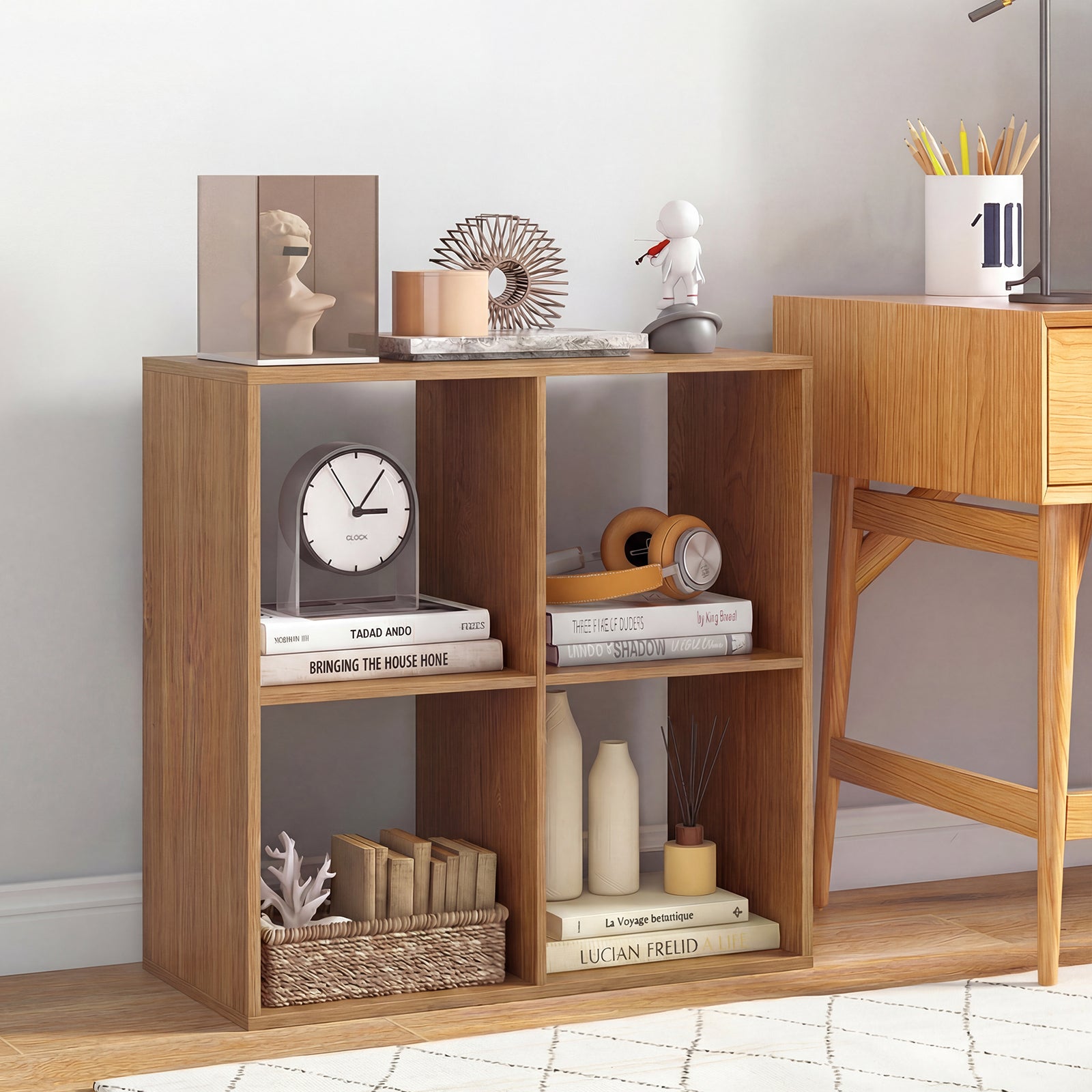4 Cube Bookshelf, With Back Guardrail, Natural Bookcases at Gallery Canada