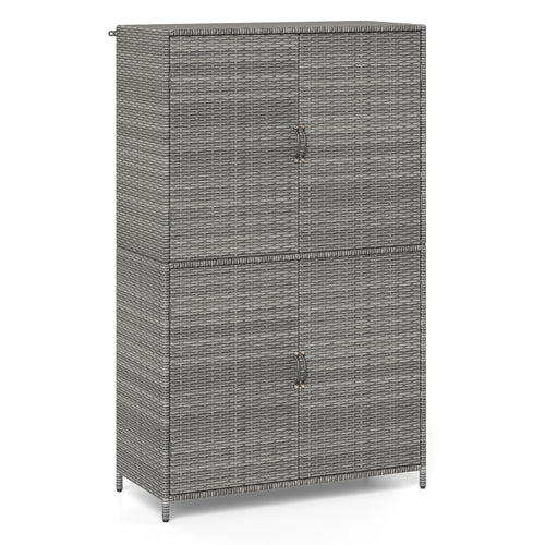 4-Door Rattan Vertical Storage Shed with Adjustable Shelves, Gray