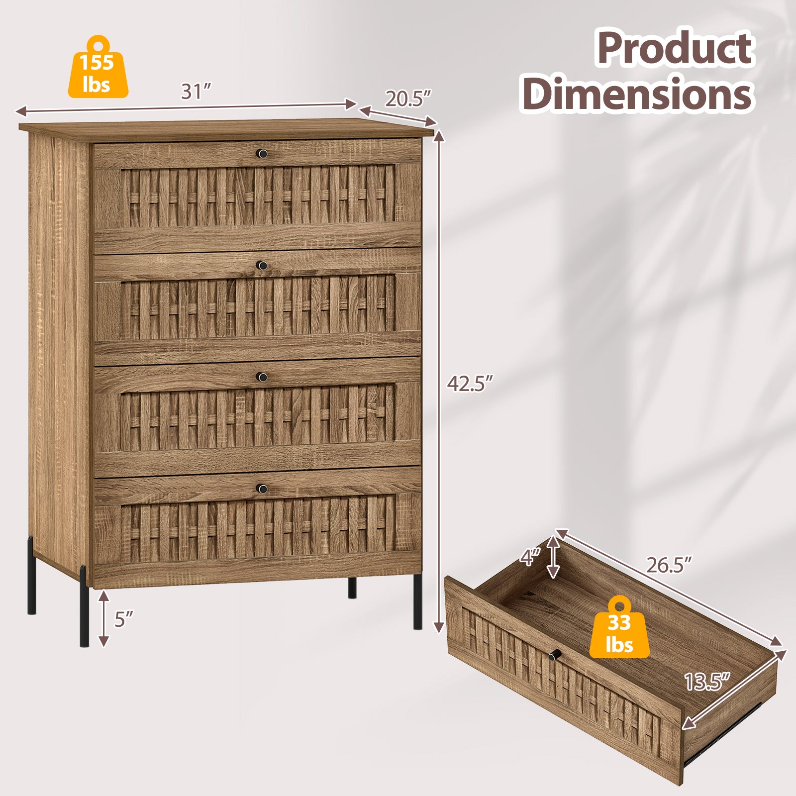 4-Drawer Dresser with Interlocking Mechanism and Metal Legs for Bedroom, Oak Dressers & Chests at Gallery Canada