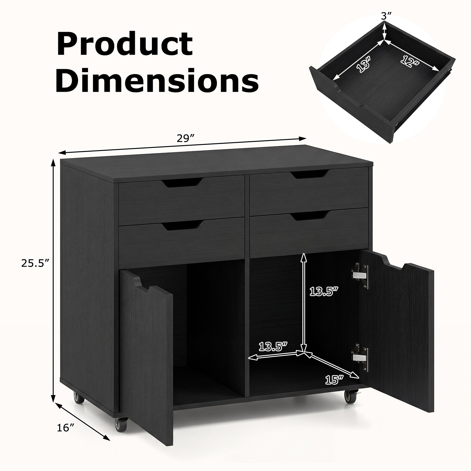 4 Drawer File Cabinet With Wheels, Black File Cabinets at Gallery Canada