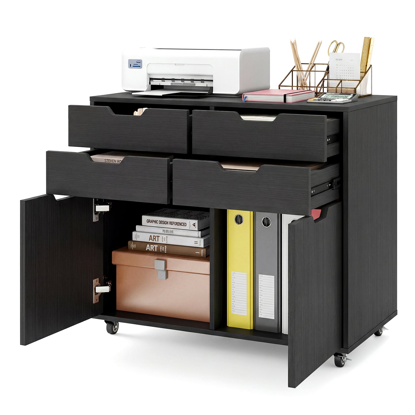 4 Drawer File Cabinet With Wheels, Black File Cabinets at Gallery Canada