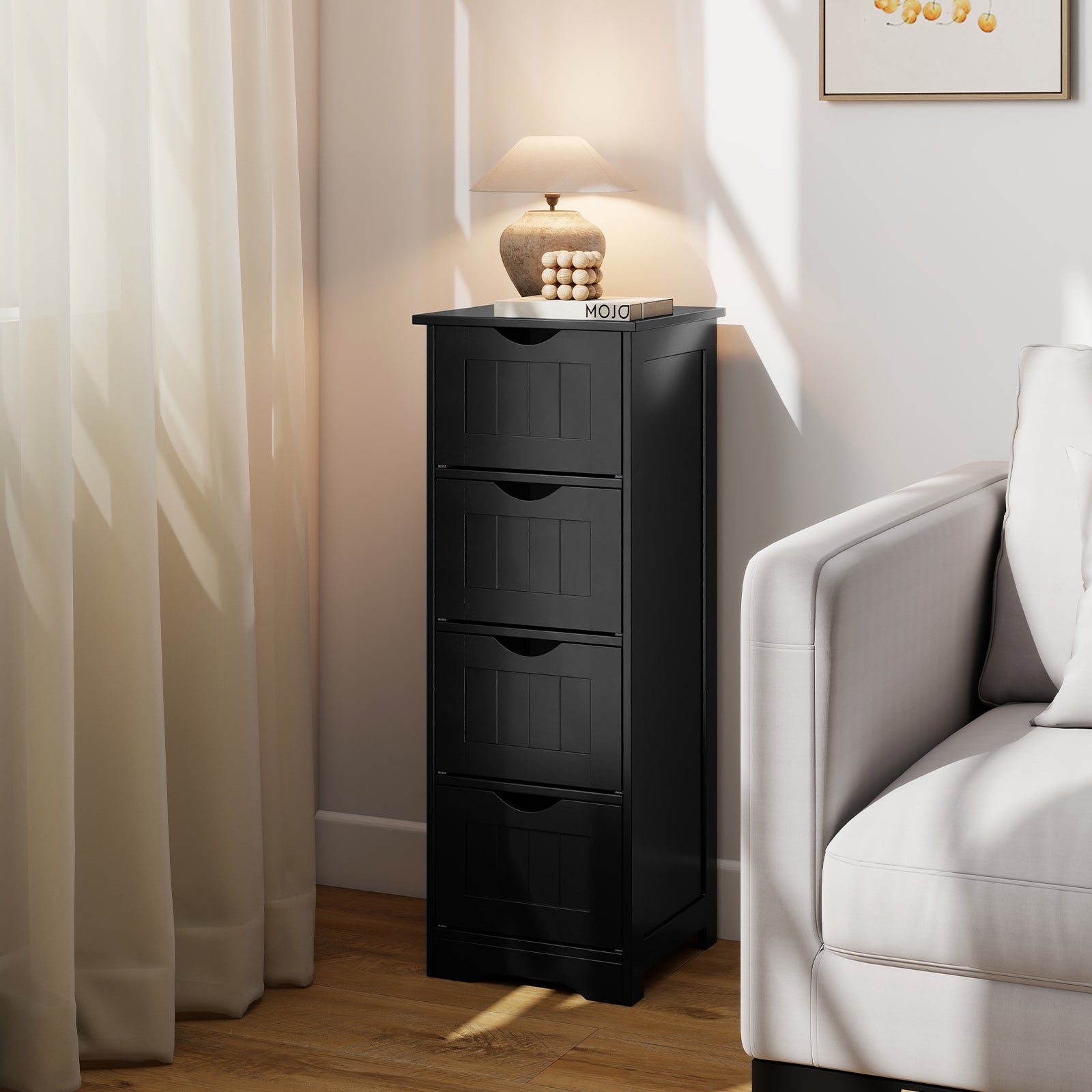 4-Drawer Freestanding Floor Cabinet, Anti-Toppling Device, Black Floor Cabinets at Gallery Canada