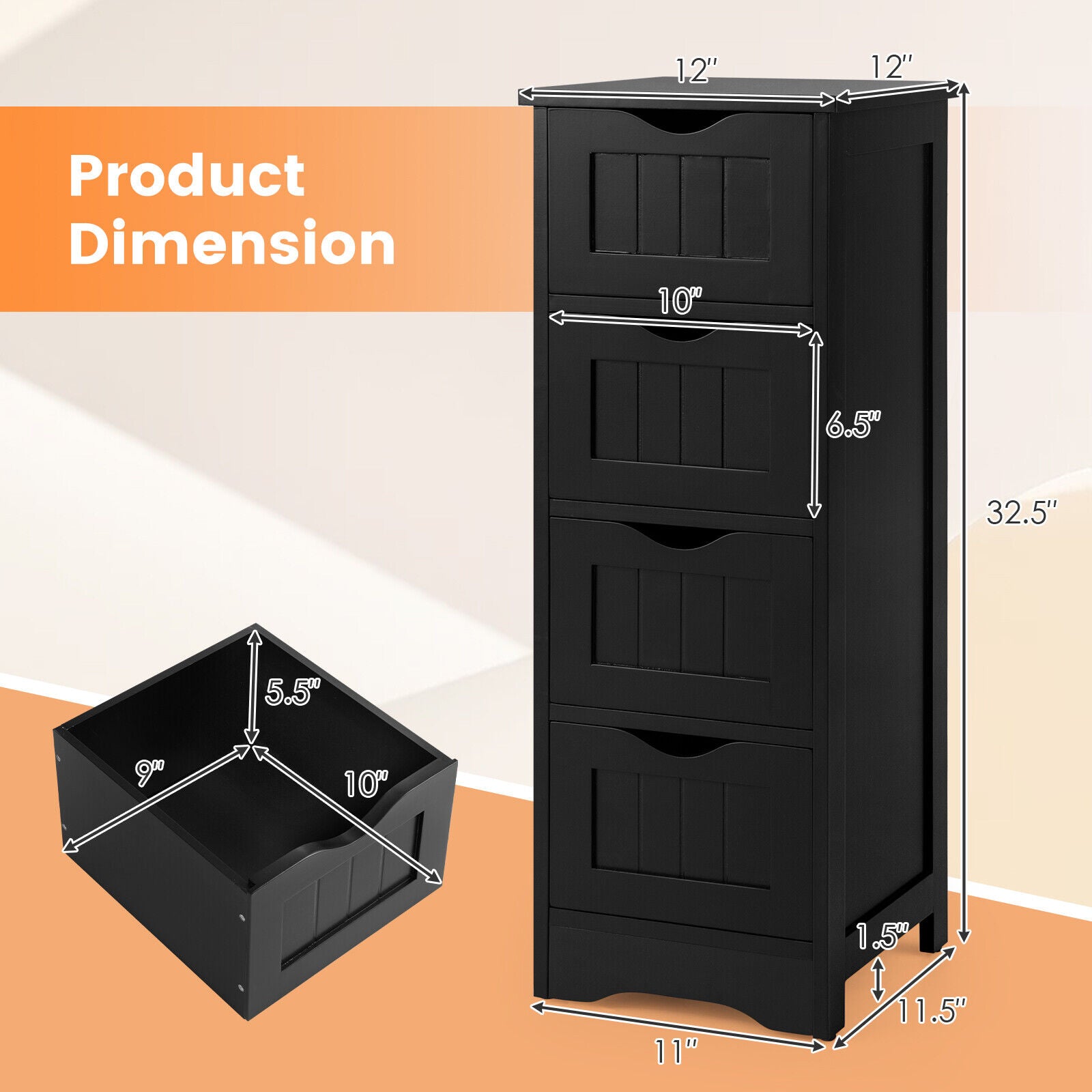 4-Drawer Freestanding Floor Cabinet, Anti-Toppling Device, Black Floor Cabinets at Gallery Canada