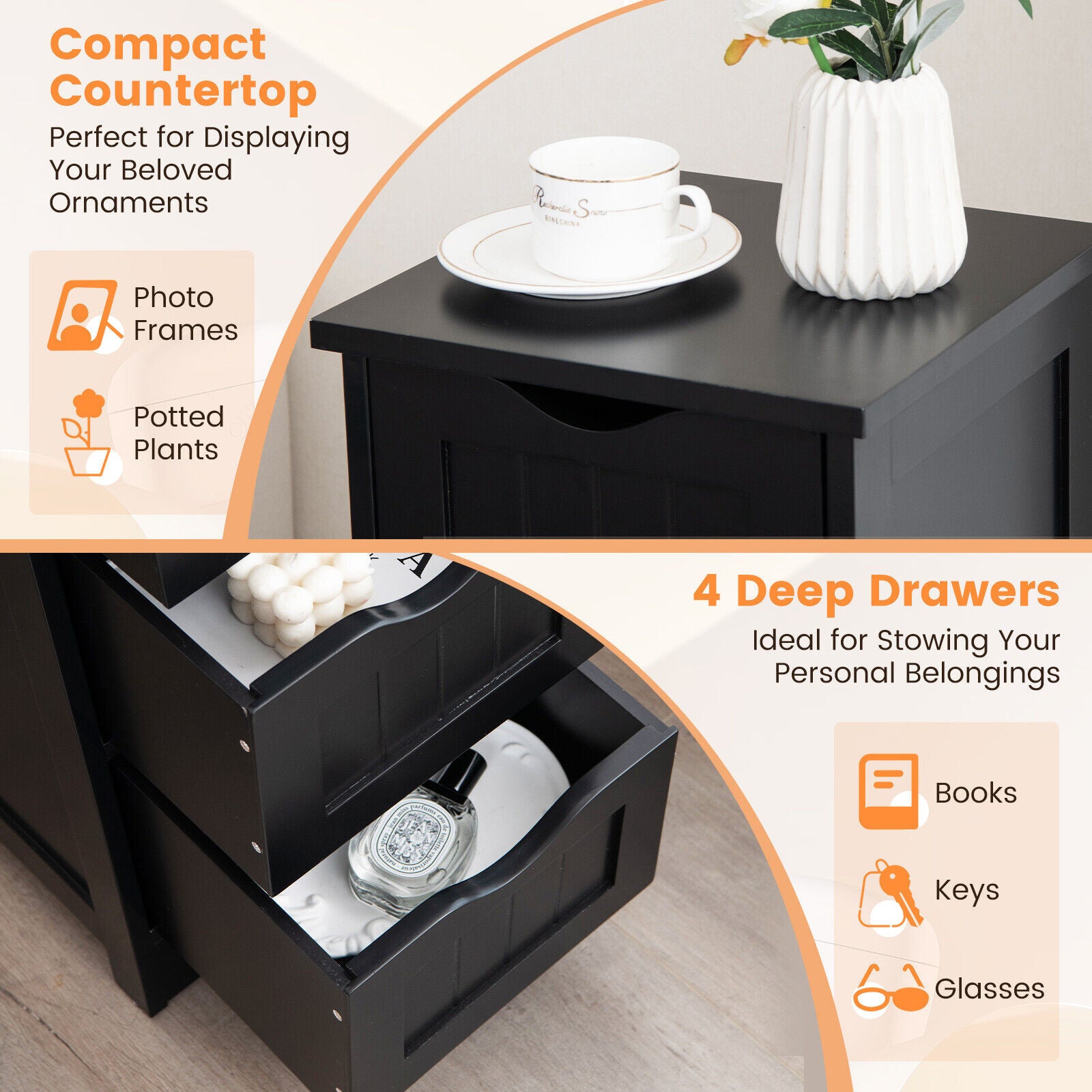 4-Drawer Freestanding Floor Cabinet, Anti-Toppling Device, Black Floor Cabinets at Gallery Canada
