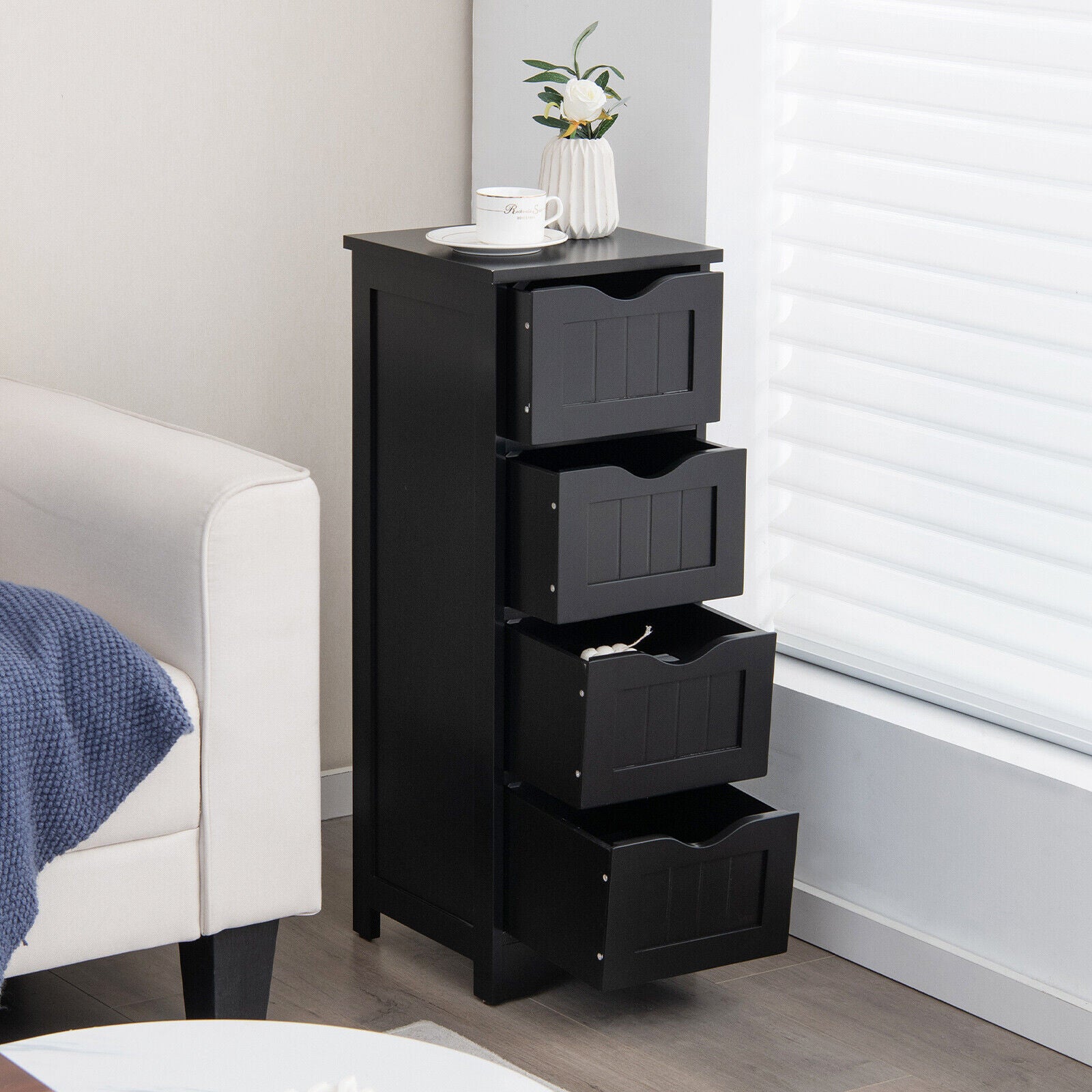 4-Drawer Freestanding Floor Cabinet, Anti-Toppling Device, Black Floor Cabinets at Gallery Canada