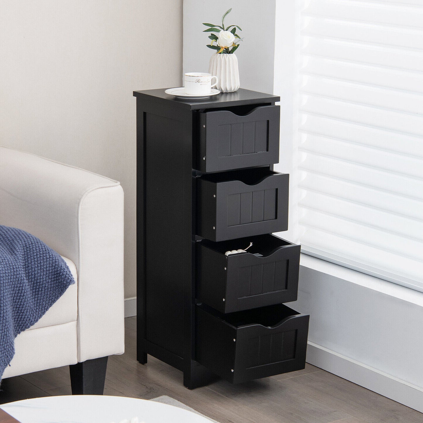 4-Drawer Freestanding Floor Cabinet, Anti-Toppling Device, Black Floor Cabinets at Gallery Canada