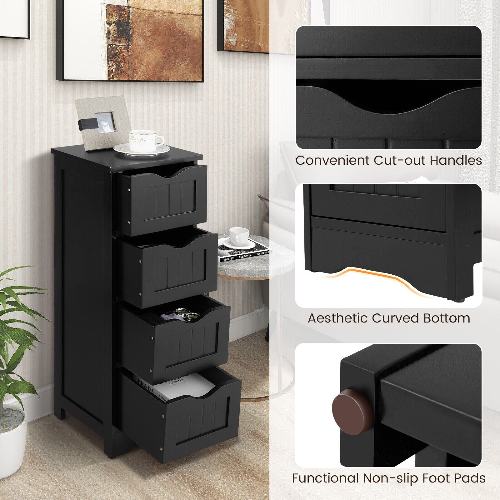 4-Drawer Freestanding Floor Cabinet, Anti-Toppling Device, Black Floor Cabinets at Gallery Canada