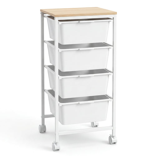 4-Drawer Rolling Storage Cart Mobile Utility Organizer with Wooden Tabletop and Lockable Wheels, White