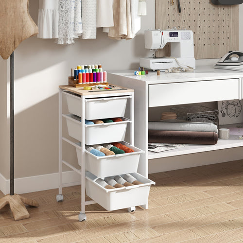 4-Drawer Rolling Storage Cart Mobile Utility Organizer with Wooden Tabletop and Lockable Wheels, White