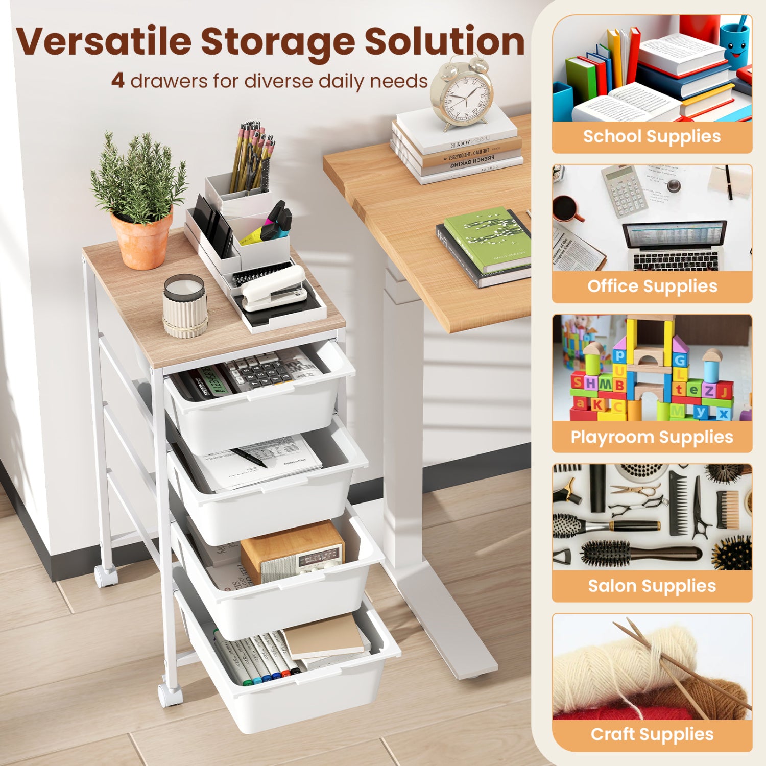 4-Drawer Rolling Storage Cart Mobile Utility Organizer with Wooden Tabletop and Lockable Wheels, White File Cabinets at Gallery Canada